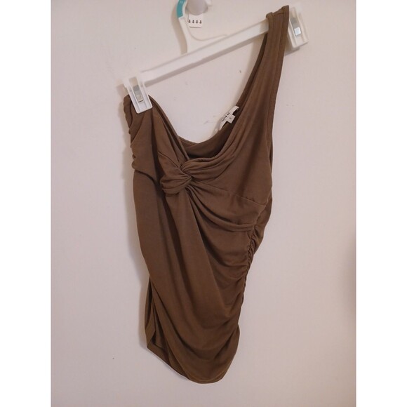 Agolde Off The Shoulder Top Womens S Tan V Neck Twist Tank Pullover Ruched Sides - Picture 1 of 8